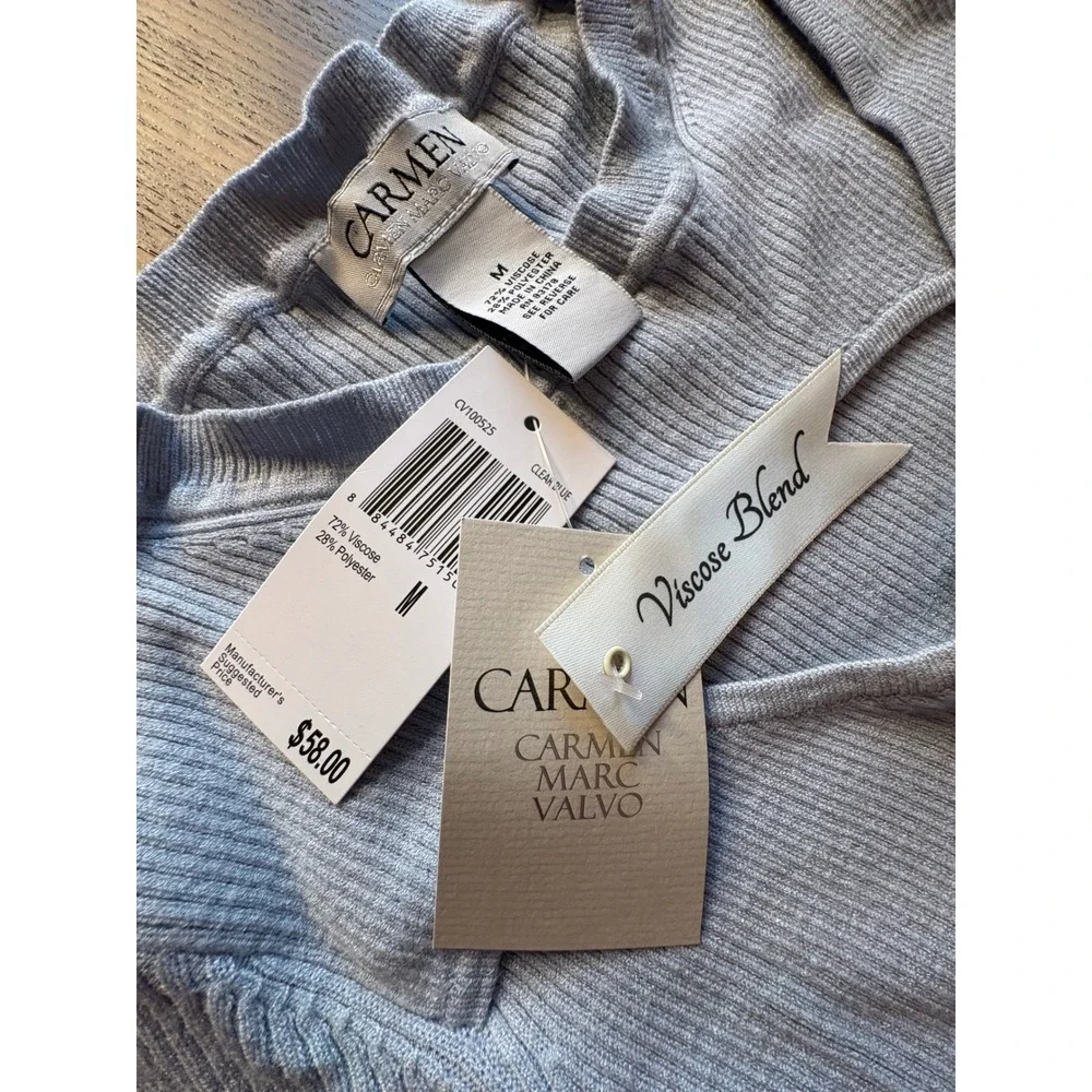 Carmen Marc Valvo Womens Light Blue Ribbed Cutout Neck Knit Top NWT - Picture 2 of 11